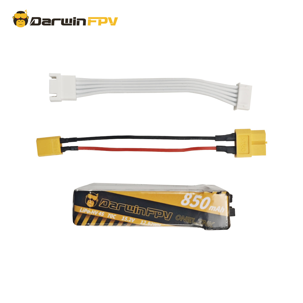 DarwinFPV ONELINK 4S 850mAh 70C FPV battery paired with XT30 adapter cables and balance connector wires