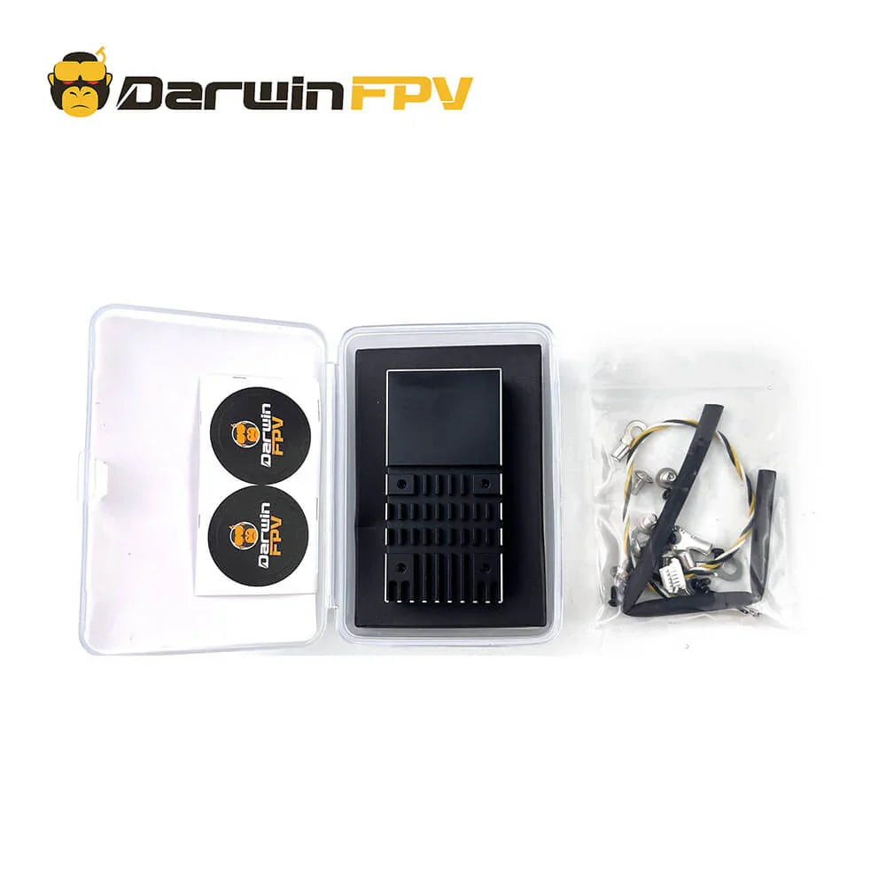 Unboxing of 80A waterproof esc, including the esc, wiring accessories, and DarwinFPV stickers in a plastic case
