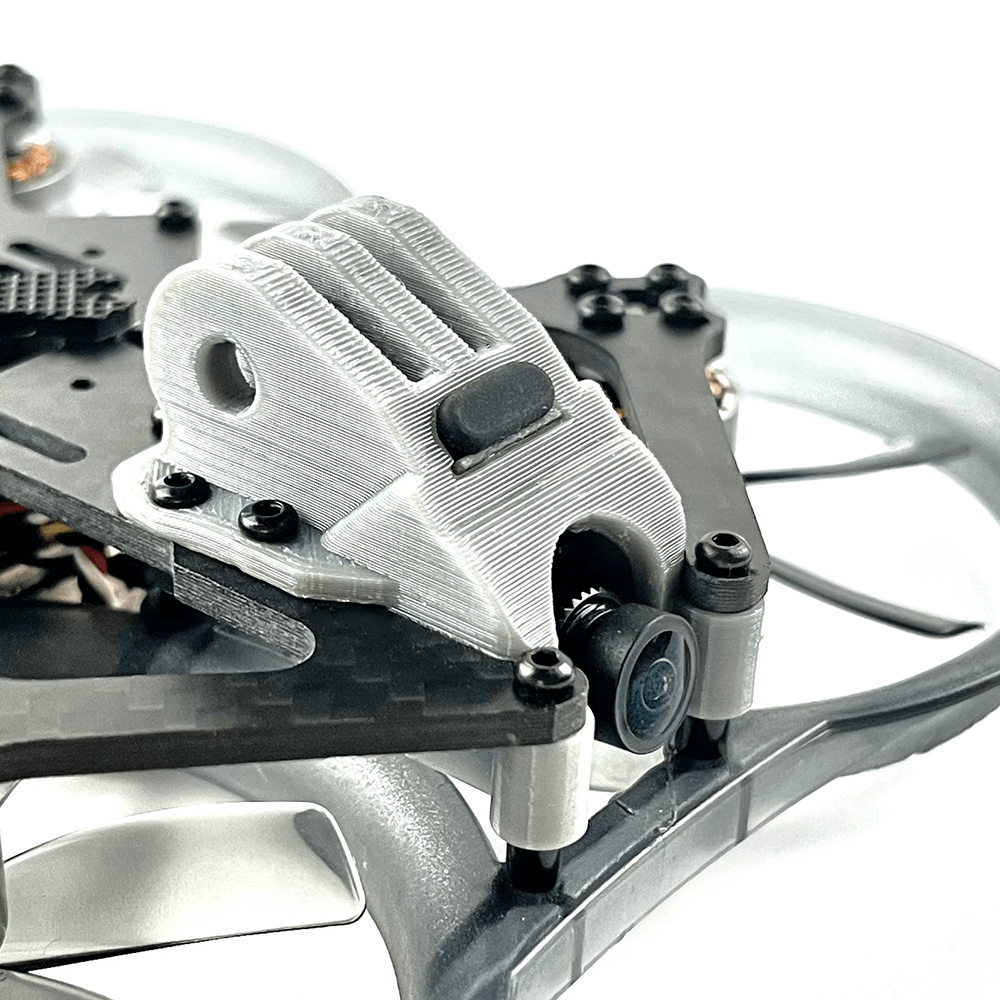 A close-up view of a drone camera mount showing high-quality 3D printed design and carbon fiber frame.