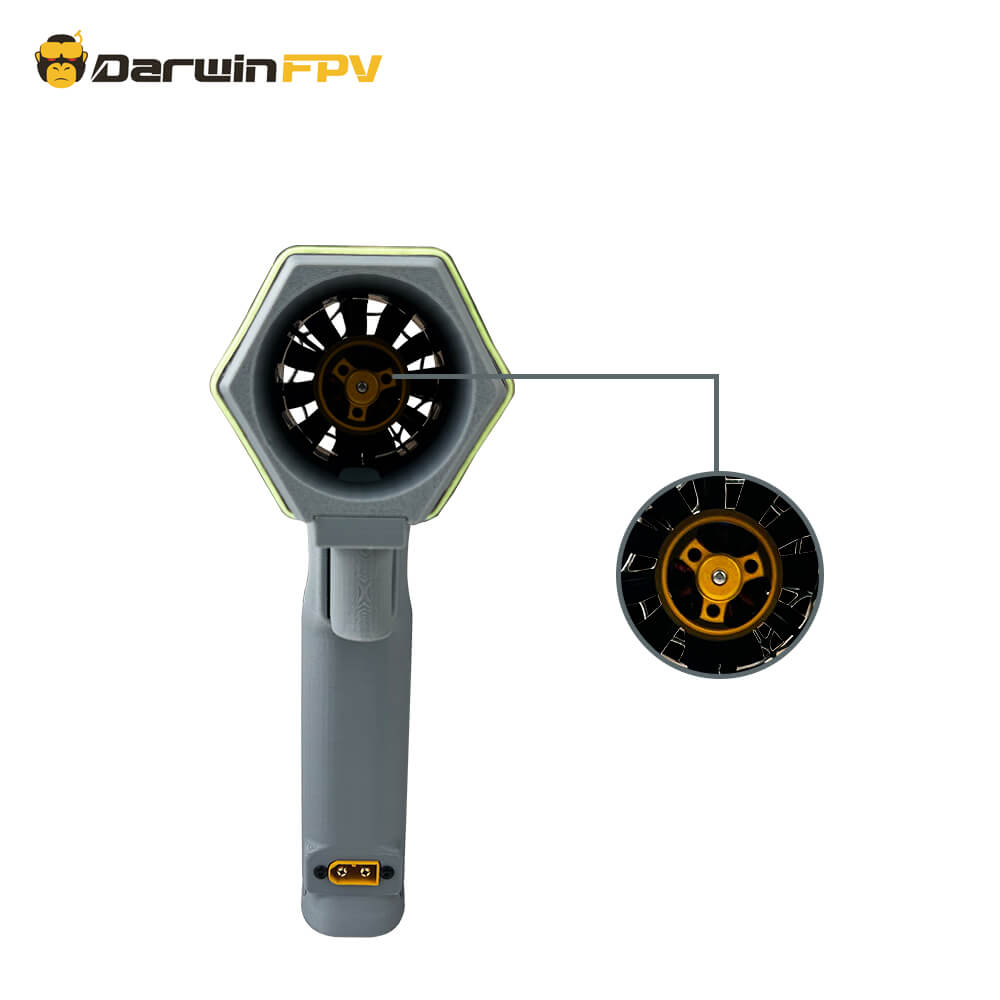 A close - up of the DarwinFPV violent fan, showing the internal fan blade structure. There is an enlarged internal structure diagram beside it, displaying detailed design details.