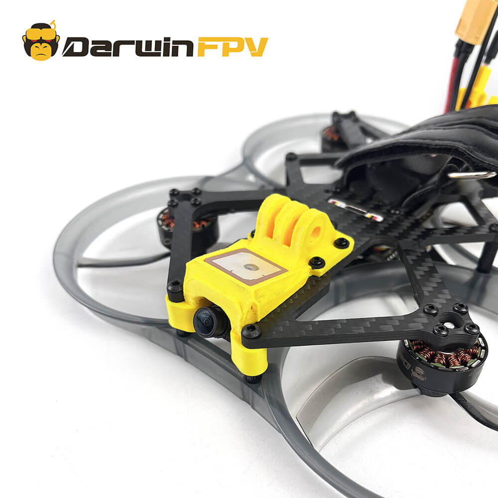 Close-up of the GPS module on the DarwinFPV CineApe35 drone, showcasing its compact design and integration
