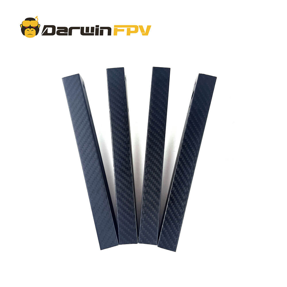 Four high-quality carbon fiber arms for mechanical or electronic devices, showcasing the distinctive woven texture for enhanced strength and rigidity.