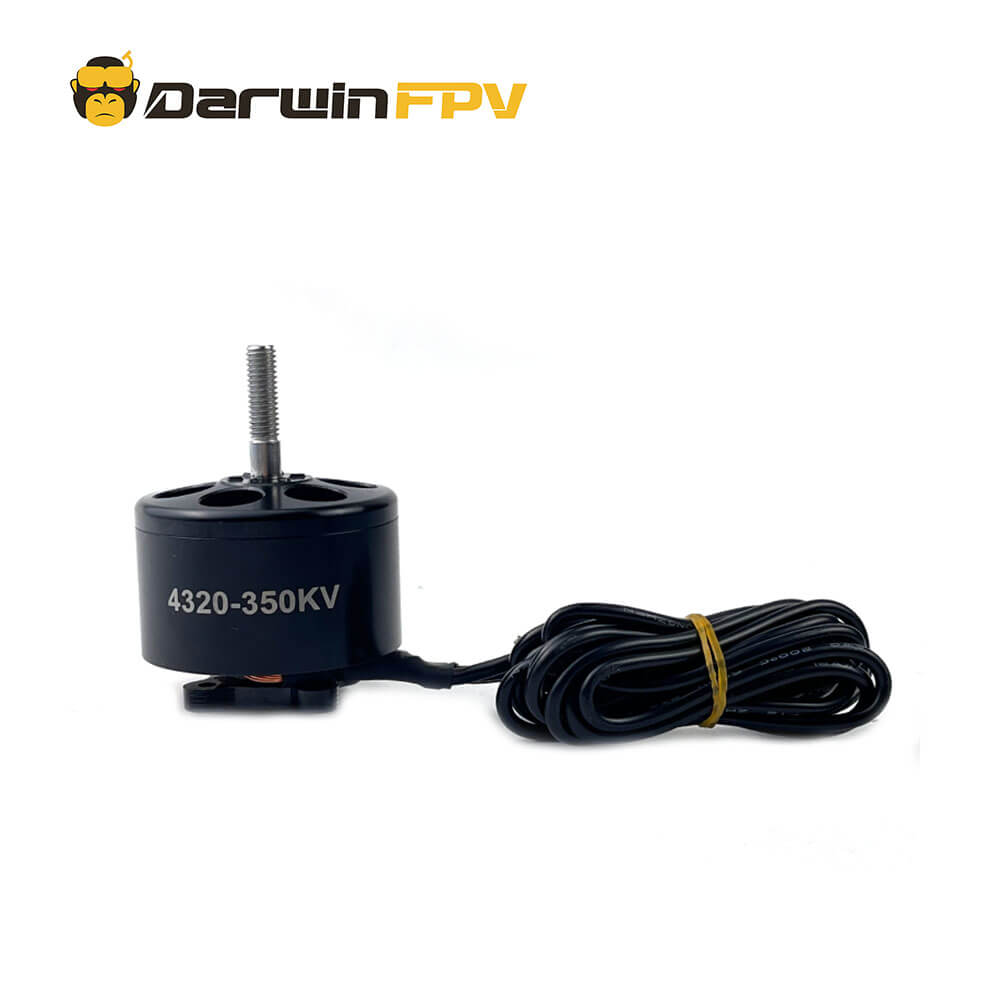 Close-up side view of the DarwinFPV 4320-350KV brushless motor with a coiled wire and mounting screw, ideal for FPV drone builds