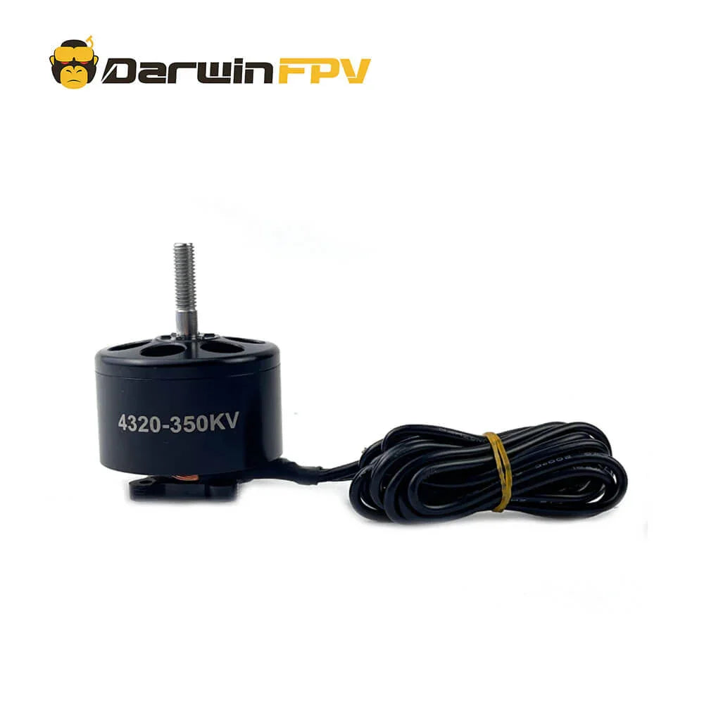Close-up side view of the DarwinFPV 4320-350KV brushless motor with a coiled wire and mounting screw, ideal for FPV drone builds