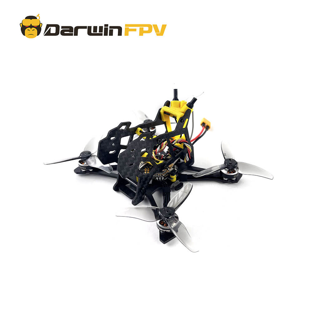 Side view of the DarwinFPV FoldApe4 O3 Without O3 drone, showcasing the frame and internal components. The image highlights the drone's carbon fiber build, wiring, and four transparent propellers