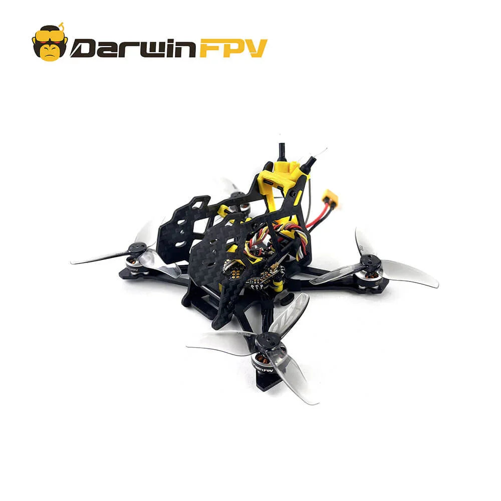 Side view of the DarwinFPV FoldApe4 O3 Without O3 drone, showcasing the frame and internal components. The image highlights the drone's carbon fiber build, wiring, and four transparent propellers