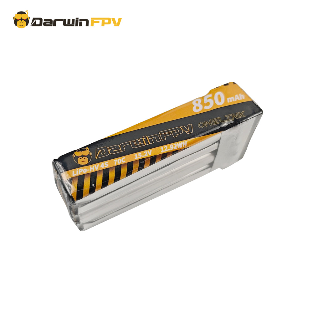 Side view of DarwinFPV ONELINK 4S 850mAh 70C Lipo-HV battery for FPV drones, featuring 15.2V voltage and 12.92Wh capacity