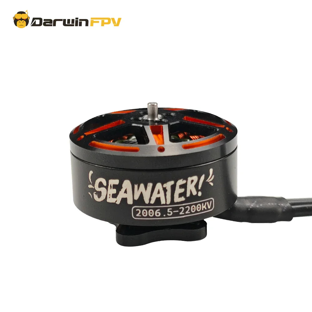 Close - up view of DarwinFPV SeaWater 2006.5 drone motor with "SEAWATER! 2006.5 - 2200KV" labeling.