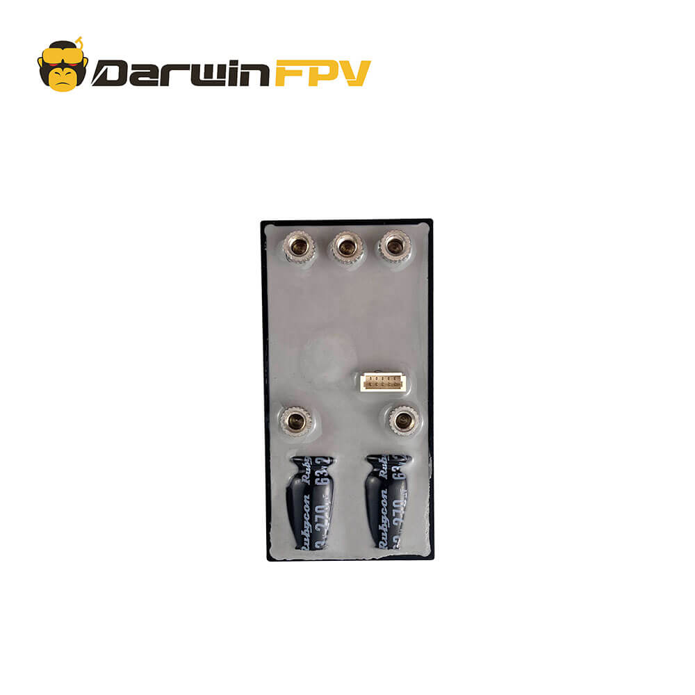 Top view of DarwinFPV 80A Waterproof BLHeli_32 Electronic Speed Controller (ESC) showing connection ports and capacitors, designed for high-performance FPV drones
