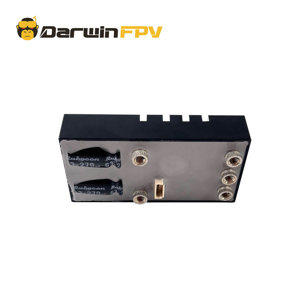 Angled view of DarwinFPV 80A Waterproof BLHeli_32 ESC, featuring durable construction with visible connection points and capacitors, ideal for high-performance FPV drone applications