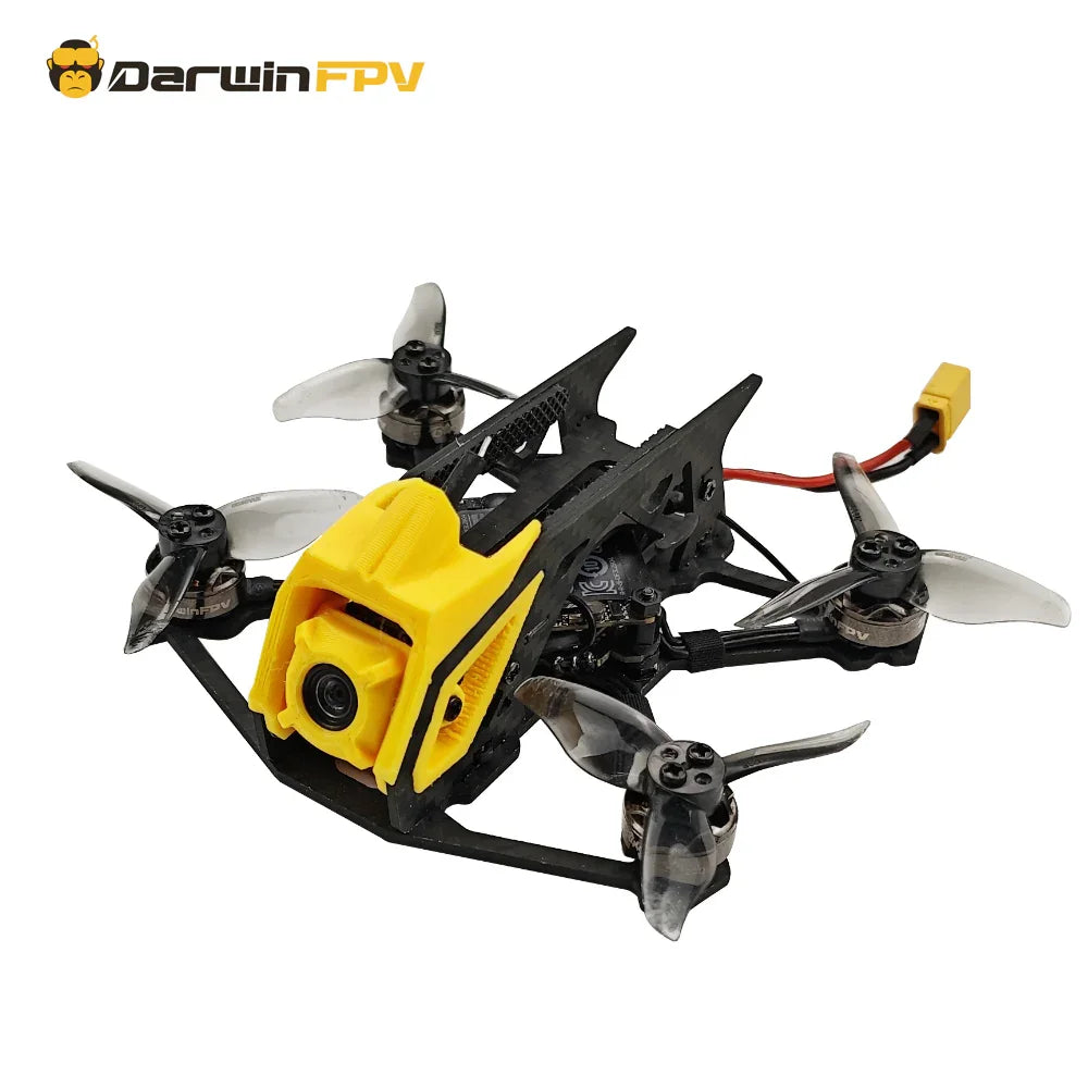 Angled front perspective of DarwinFPV mini FPV quadcopter, featuring integrated FPV camera and durable carbon fiber frame—ideal for immersive FPV flying.