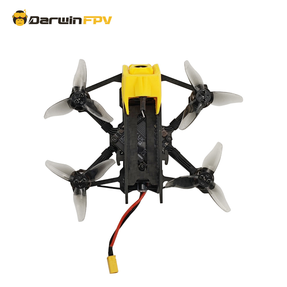 Rear view of DarwinFPV FPV drone, showcasing battery compartment and XT30 power connector, designed for easy battery swaps during FPV flights.