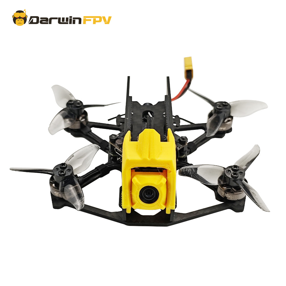 Front perspective of DarwinFPV mini FPV racing quadcopter, featuring built-in FPV camera and lightweight frame—ideal for FPV enthusiasts and RC hobbyists.