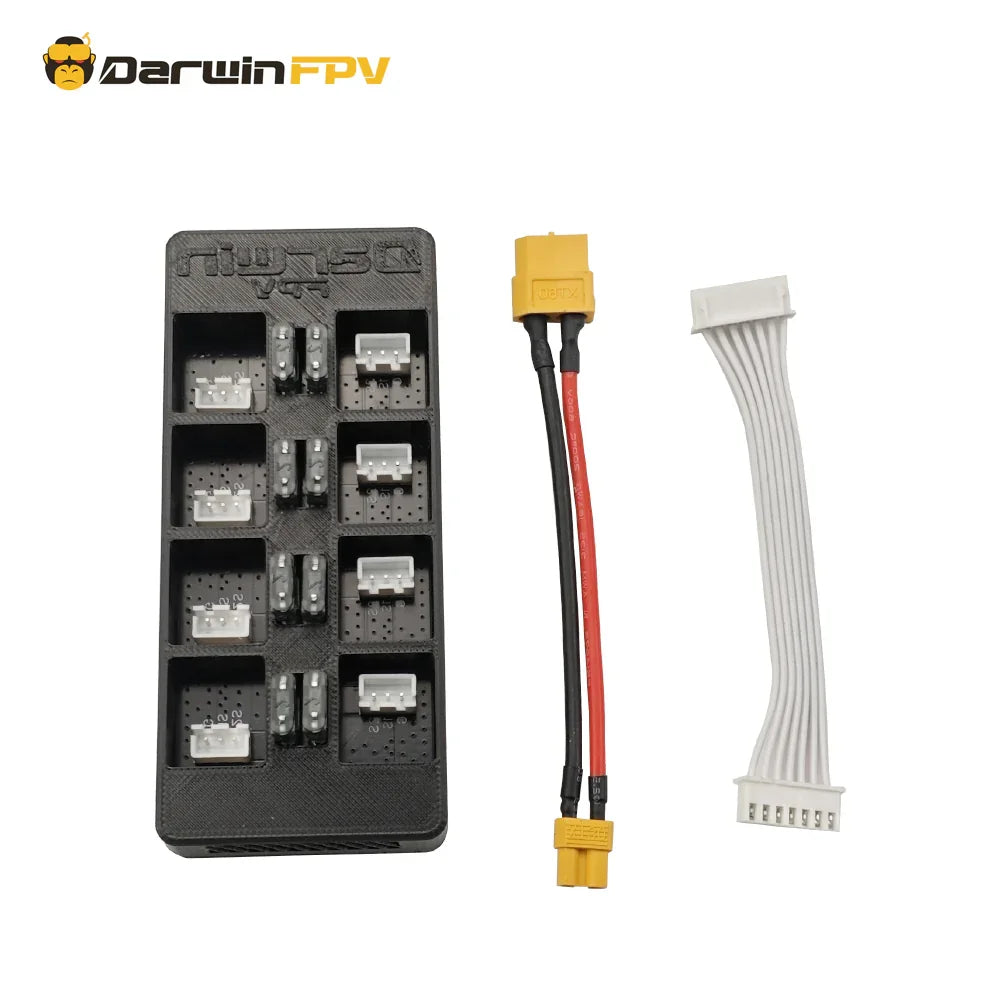 DarwinFPV One Link 2S 2S battery parallel charger package, including the charging board, XT60 power cable, and balance connector cable for FPV drone batteries.