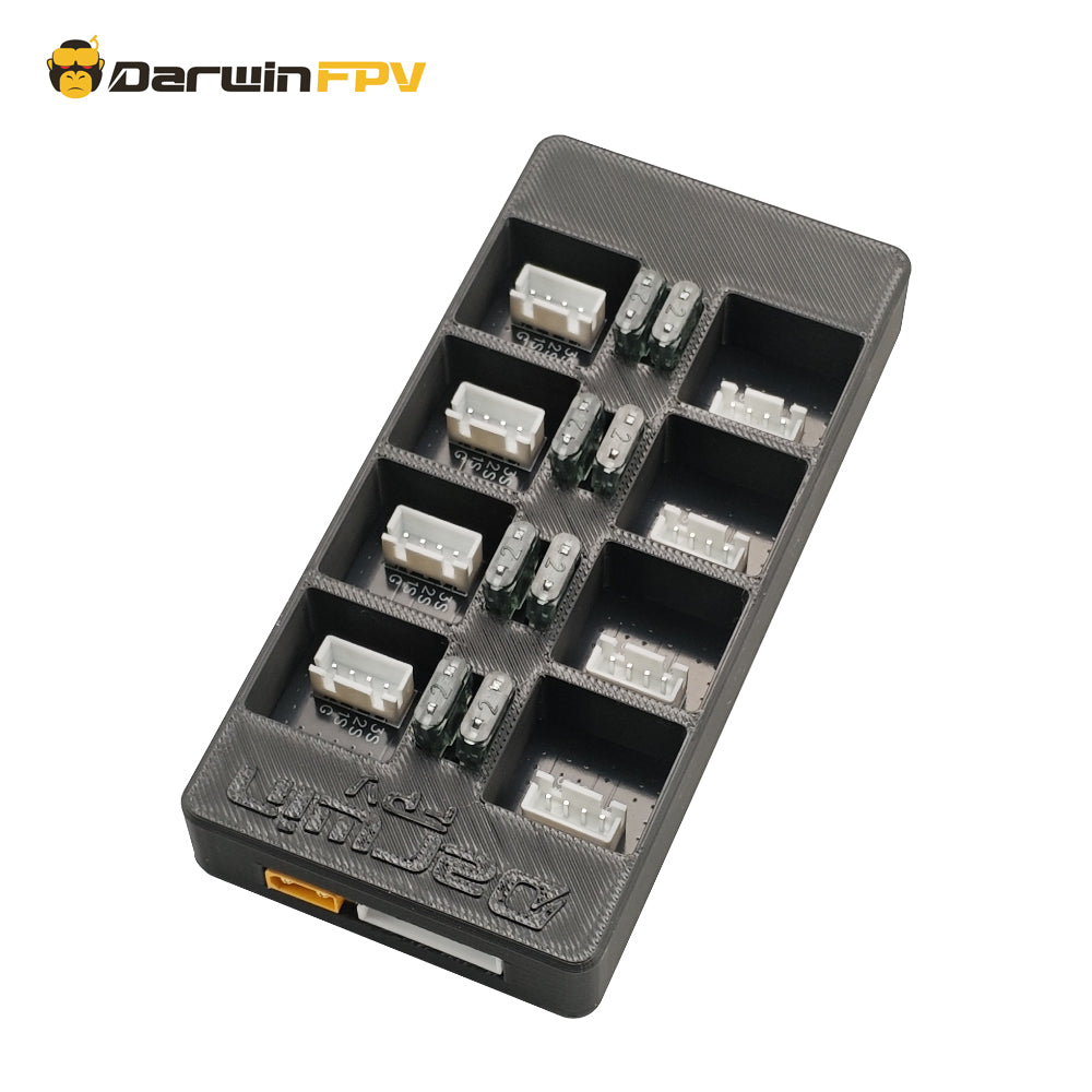 DarwinFPV One Link 3S LiPo battery parallel charging board for FPV drones, showcasing the complete structure, dedicated 3S battery slots, and XT60 power connector.