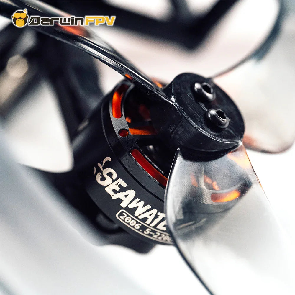 Detailed view of DarwinFPV FPV drone's "SEAWATER" motor and propeller