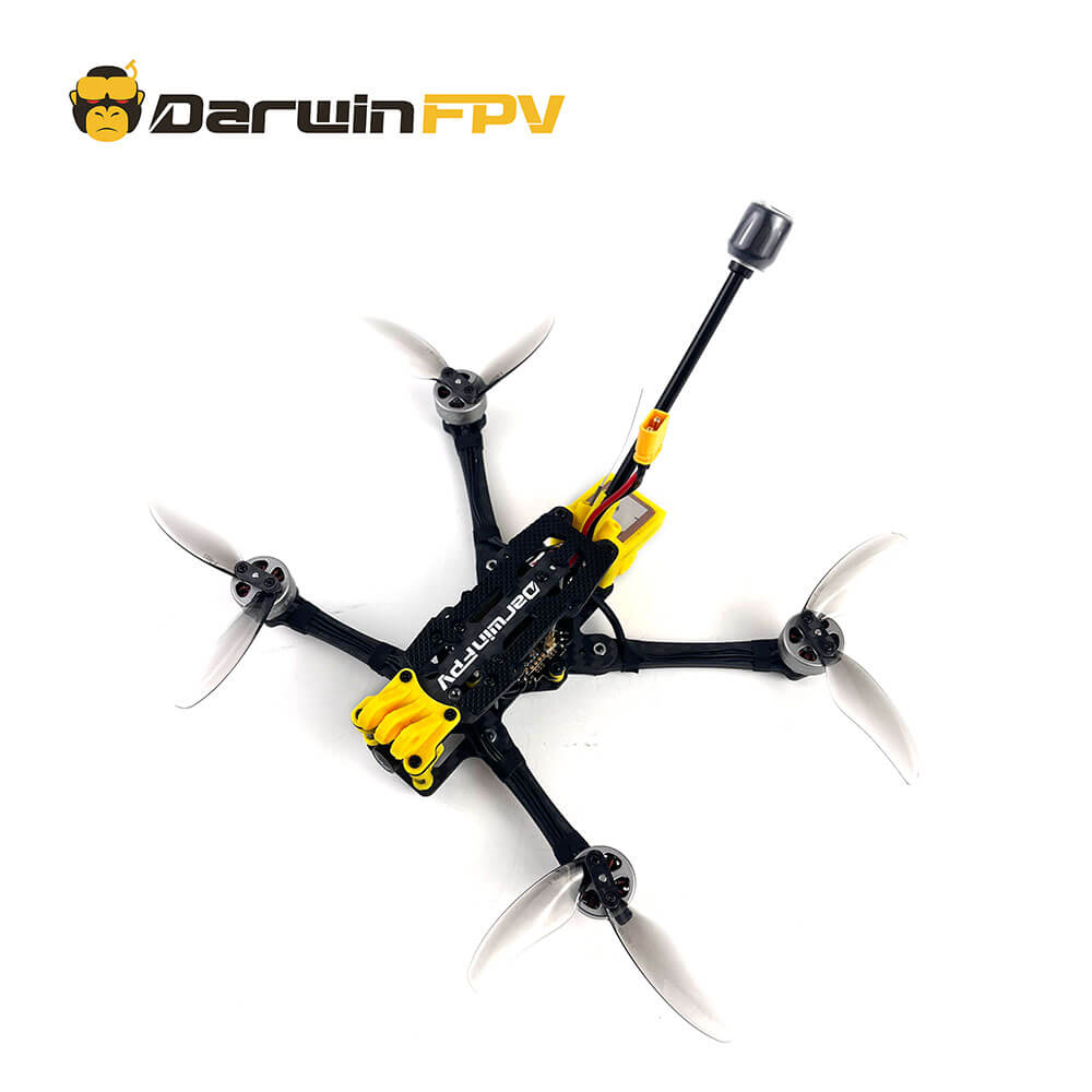 Top view of DarwinFPV Foldable FPV drone with extended propellers, featuring black and yellow design, visible antenna, and advanced camera setup for analog FPV display