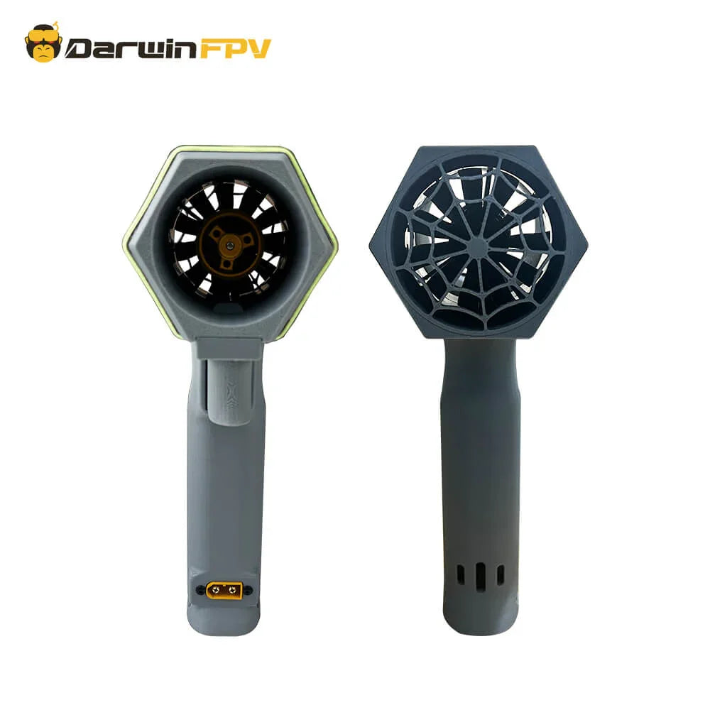 The image shows both the front and back views of a grey DarwinFPV Violent Turbo Fan. The front view features a hexagonal fan opening with a central rotor, while the back view reveals a unique mesh - like fan design.