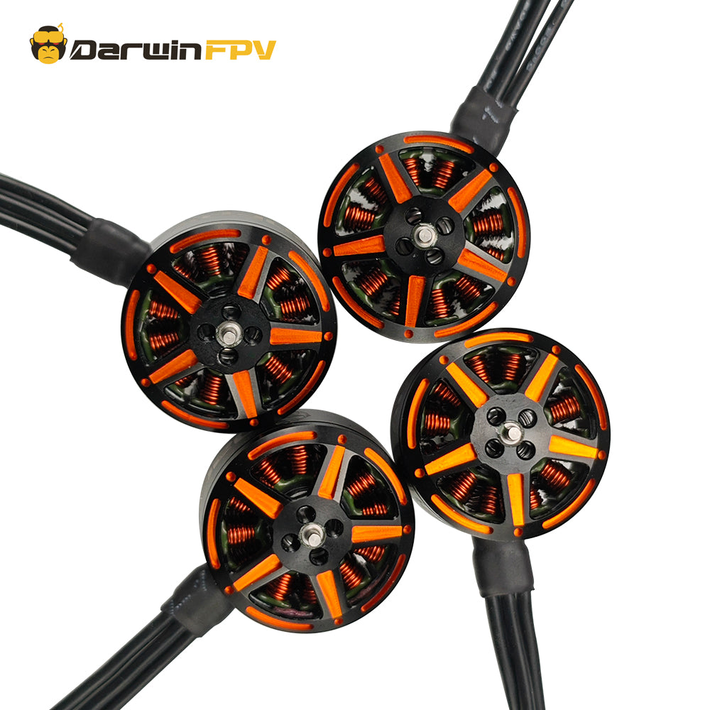 Four DarwinFPV SeaWater 2006.5 drone motors arranged in a cluster.