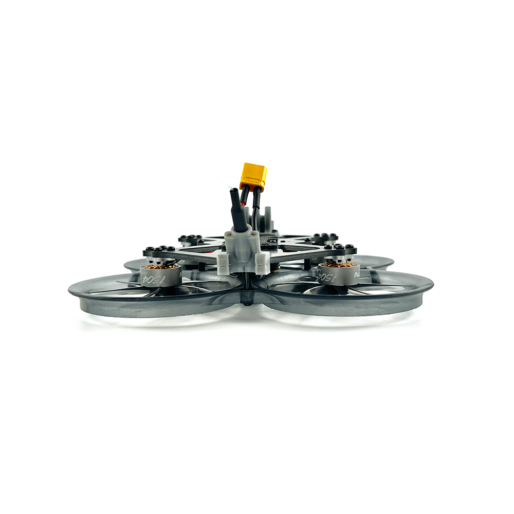 Rear view of a FPV racing drone equipped with protective propeller guards, displaying its robust build and high-quality components.