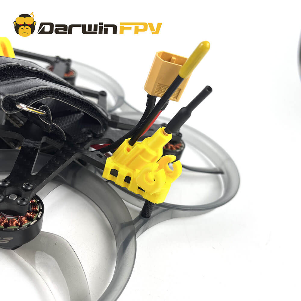 Close-up view of DarwinFPV drone antenna mount base with XT60 connector and wiring, designed for secure attachment and efficient signal transmission