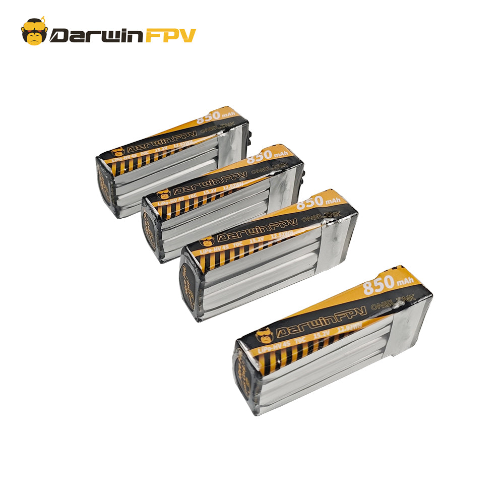 Four DarwinFPV ONELINK Lipo-HV 4S 850mAh 70C batteries bundled for FPV drone use