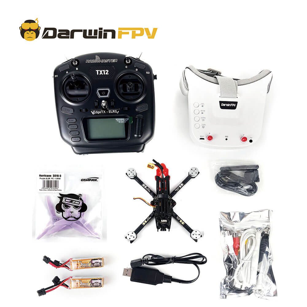 BabyApe Pro V2 Red RTF KIT display, including remote control, FPV Goggles, BabyApe Pro V2 Red BNF, battery, charger and accessories, a cost-effective FPV kit suitable for beginners