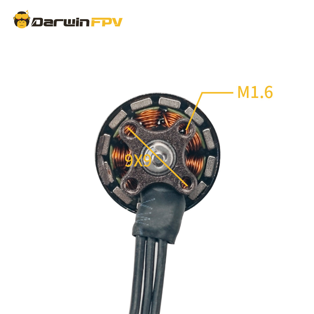 DarwinFPV Bling 1104 Motor Mounting Details - 9x9mm hole spacing & M1.6 screws, compatible with most 2-3 inch FPV drone frames.