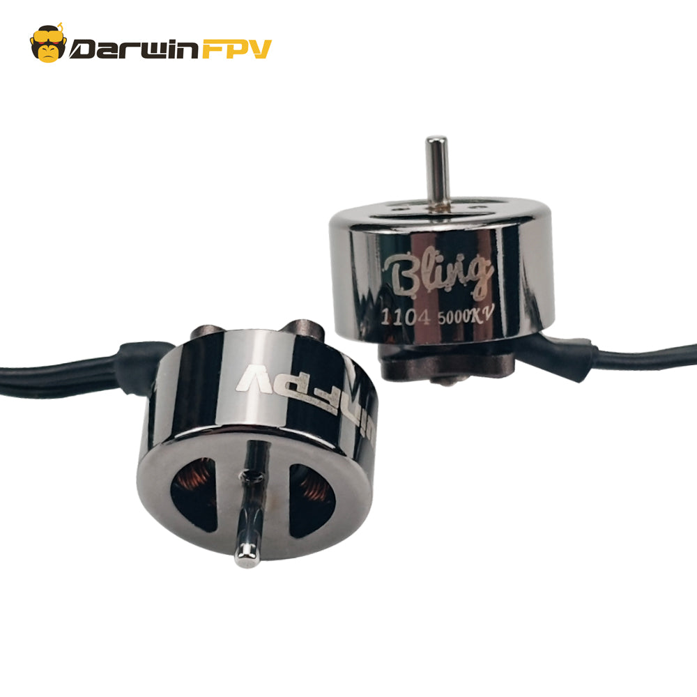 Dual DarwinFPV Bling 1104 5000KV Motors - Showcasing chrome finish and internal copper coil construction, highlighting durable, high-performance build