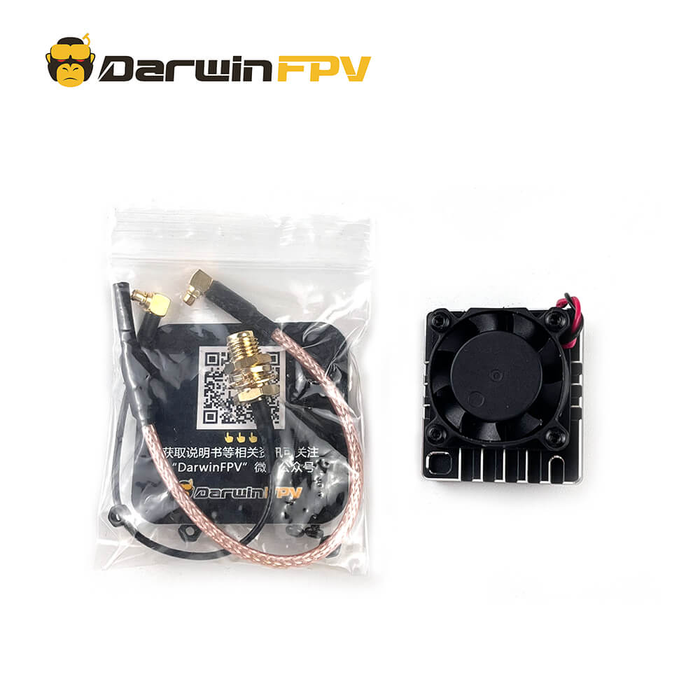 DarwinFPV Cement Ultra-Durable 5.8G 2.5W Waterproof VTX packaging with accessories, including antenna cables and connectors