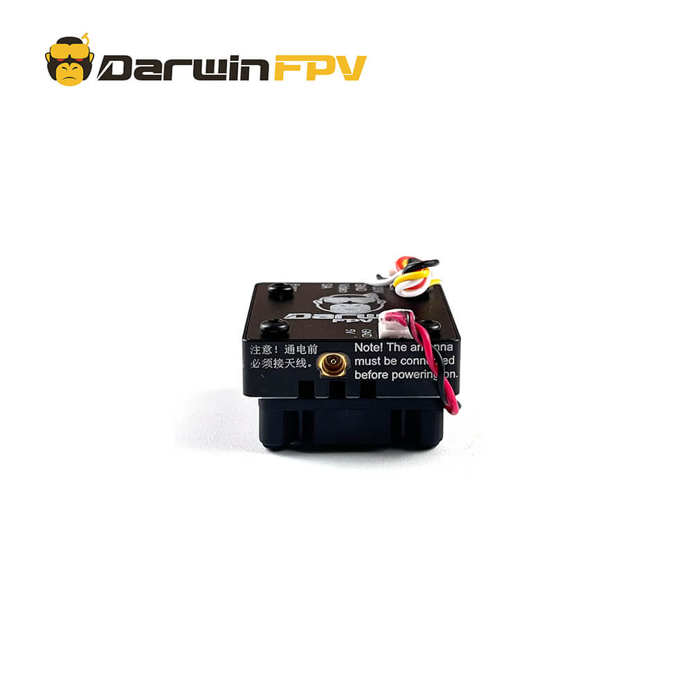 Side view of DarwinFPV Cement Ultra-Durable 5.8G 2.5W Waterproof VTX, showing connection ports and cautionary labels