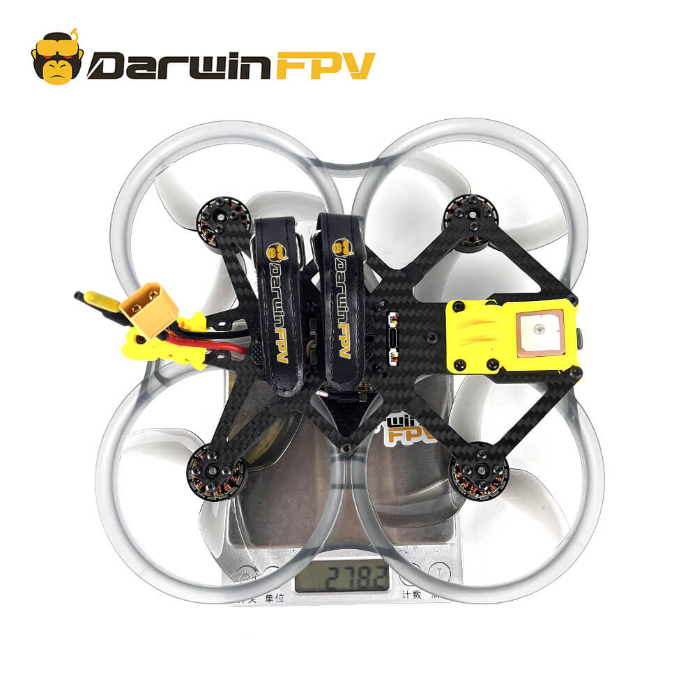 Top view of the DarwinFPV CineApe35 Analog drone with a weight of 278.2 grams on a scale