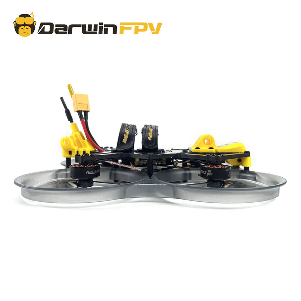 "Left side view of the DarwinFPV CineApe35 drone highlighting its propeller guards and frame design