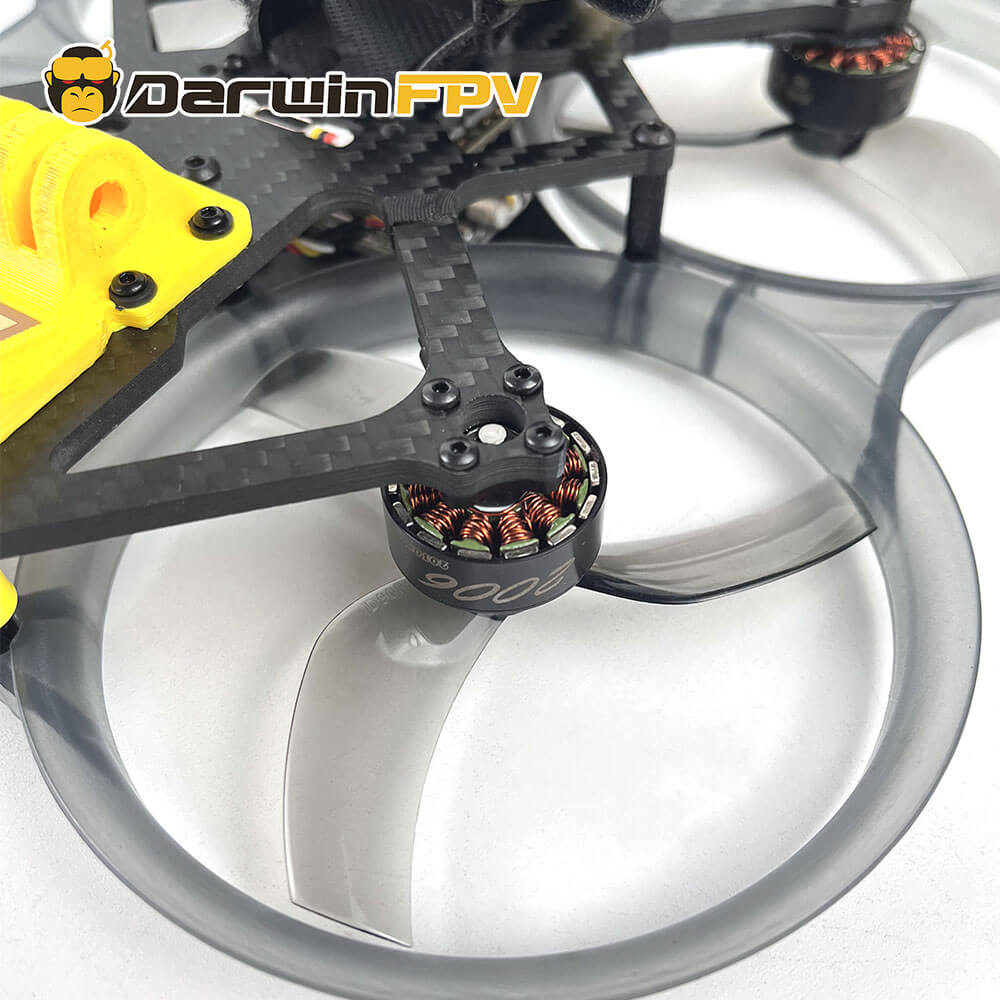 "Close-up of the DarwinFPV CineApe35 motor and protective guard, showcasing the drone's detailed build quality