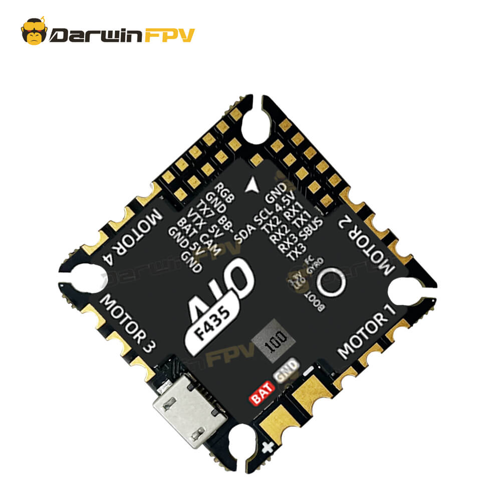 A detailed view of the DarwinFPV F435 AIO, showcasing its components and labels