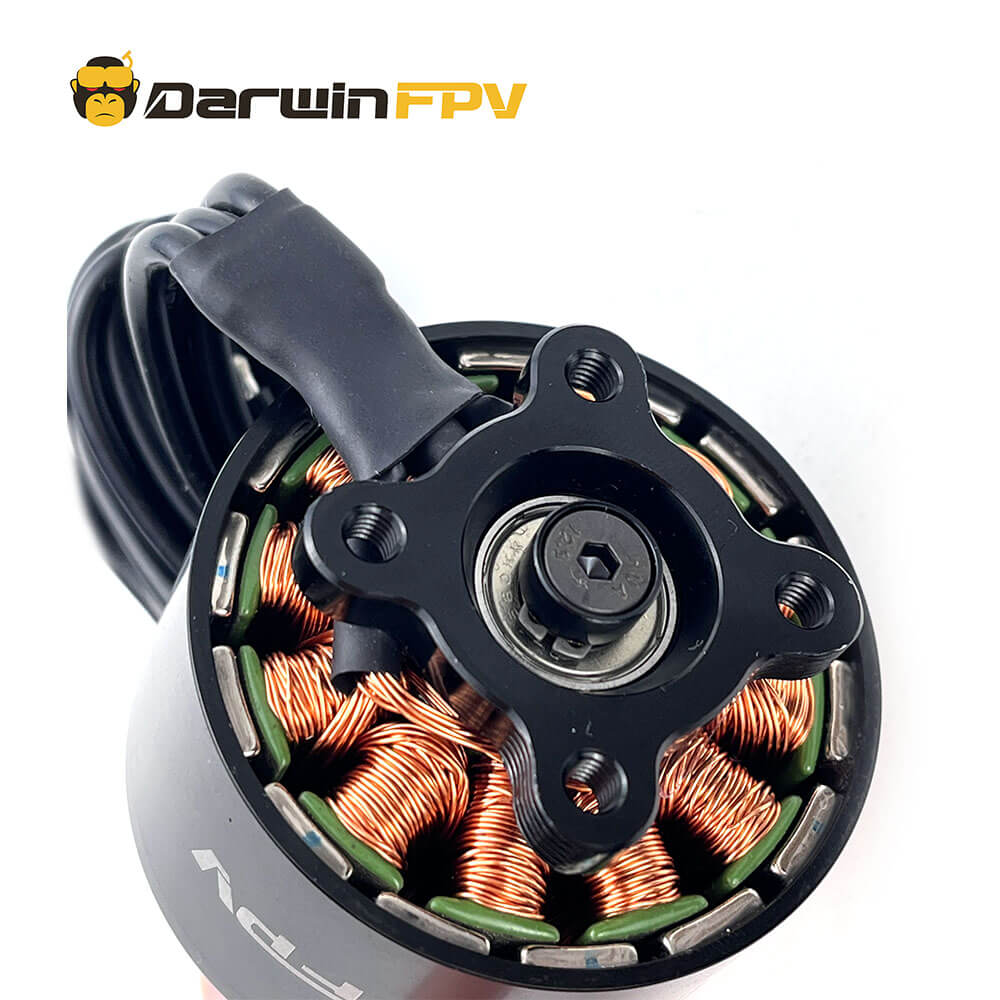 Close-up of DarwinFPV 4320-350KV motor's internal copper coils, highlighting precision engineering and build quality