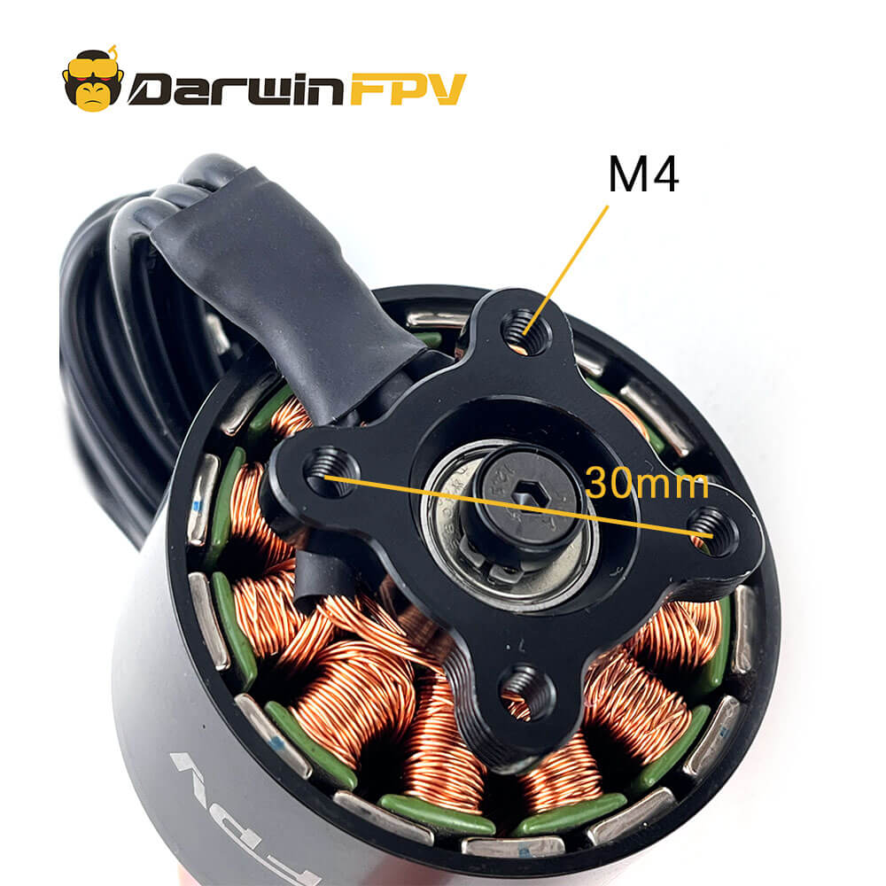 Close-up view of the DarwinFPV 4320-350KV brushless motor showing M4 mounting holes and 30mm spacing, highlighting precise engineering for drone installation