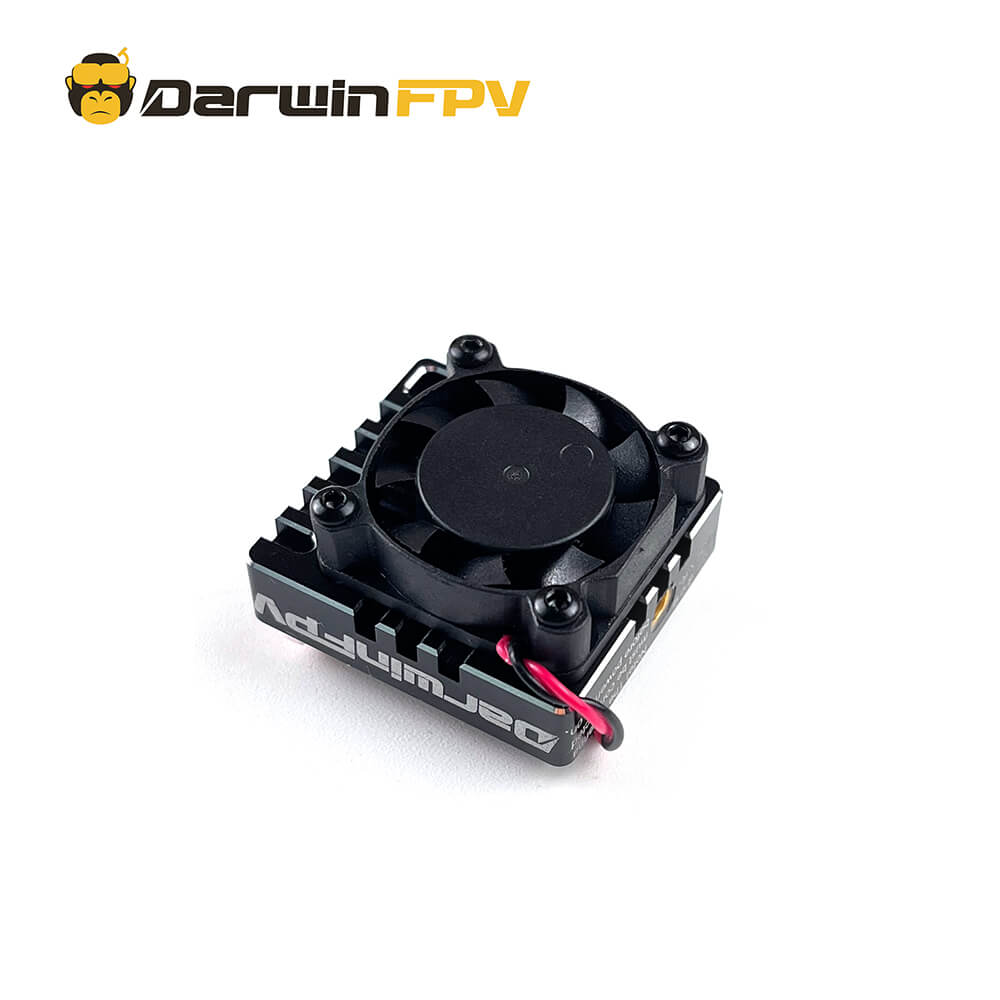 Close-up of DarwinFPV Cement 5.8G VTX with adjustable power settings from 200mW to 2.5W, featuring a cooling fan for enhanced performance