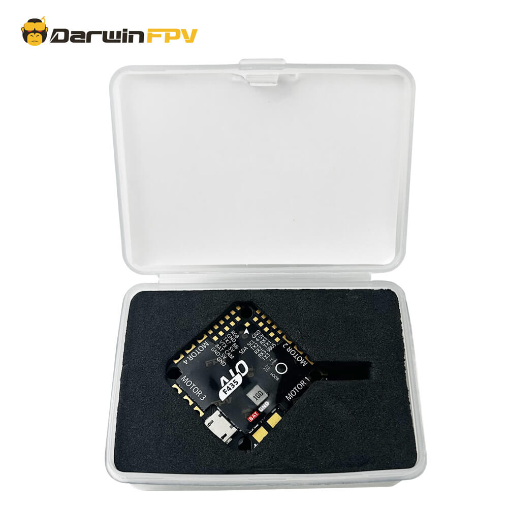 A DarwinFPV F435 AIO flight controller is neatly placed inside a clear protective case