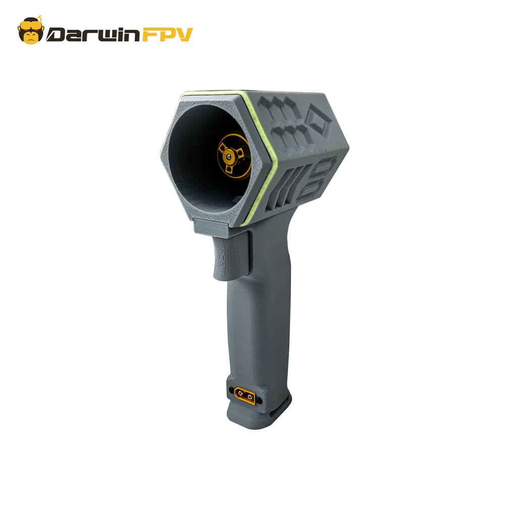 The gray violent fan of the DarwinFPV brand features a unique hexagonal shell and exquisite texture design, with distinct black and gold components at the center of the fan.