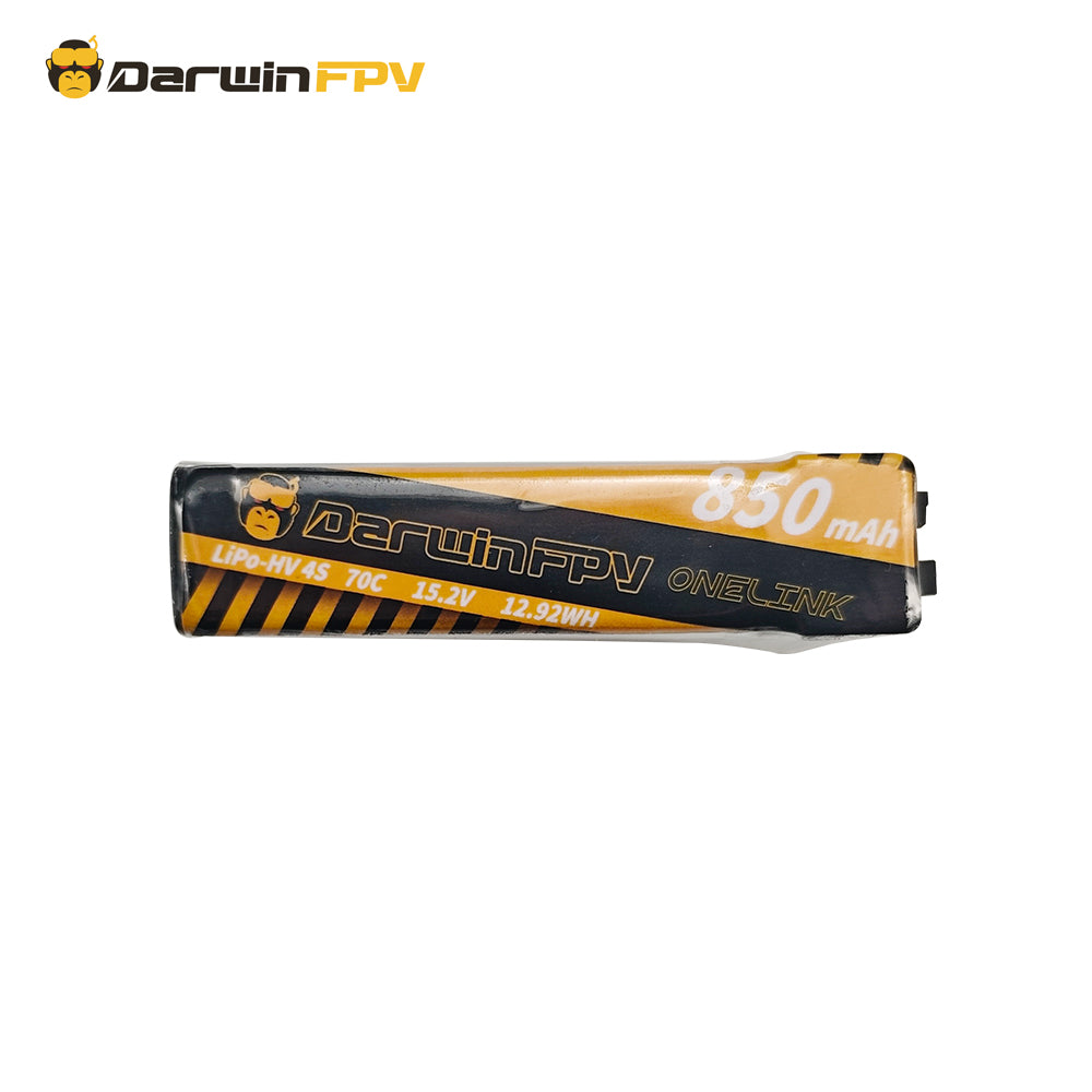 Front view of DarwinFPV ONELINK battery (4S 850mAh 70C Lipo-HV) for FPV drones, displaying brand logo and key specifications