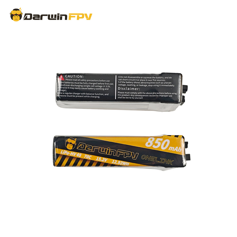 DarwinFPV ONELINK 4S 850mAh Lipo-HV FPV battery, showing the safety caution and disclaimer label on the packaging