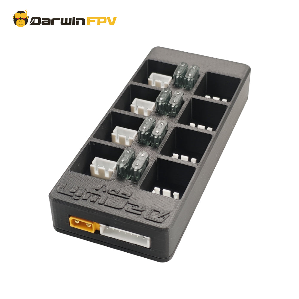 DarwinFPV One Link 2S 2S LiPo battery parallel charging board for FPV drones, showcasing the full structure, XT60 power connector, and multi-battery slots.