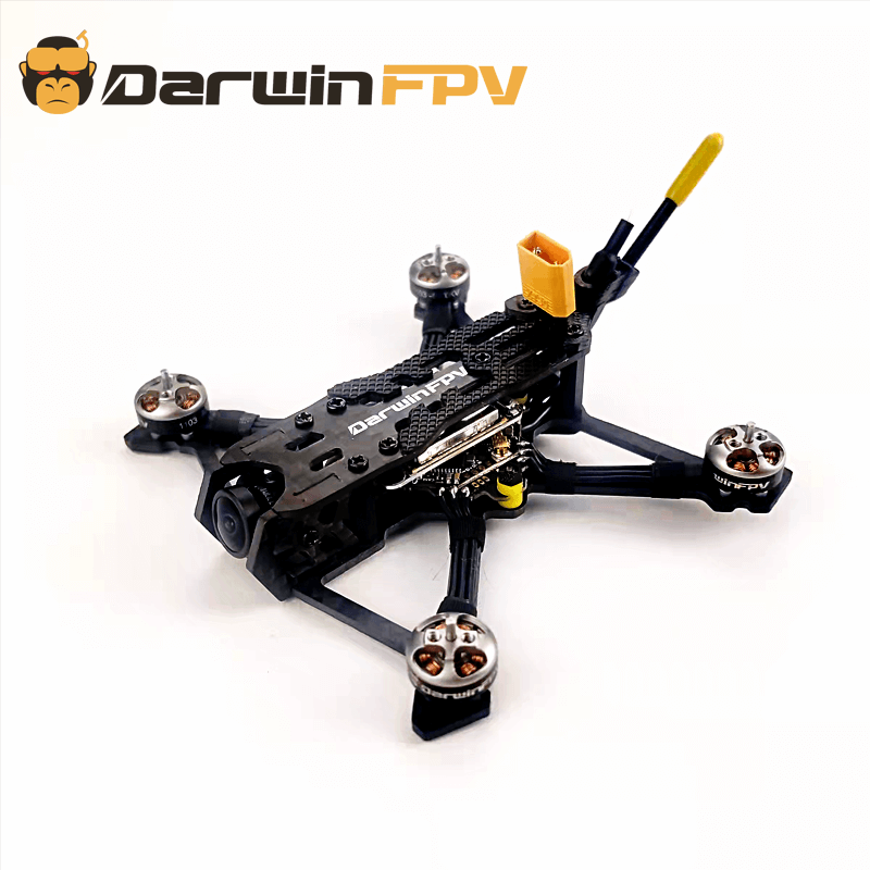 Top angled view of DarwinFPV TinyApe drone highlighting the FPV camera and lightweight frame