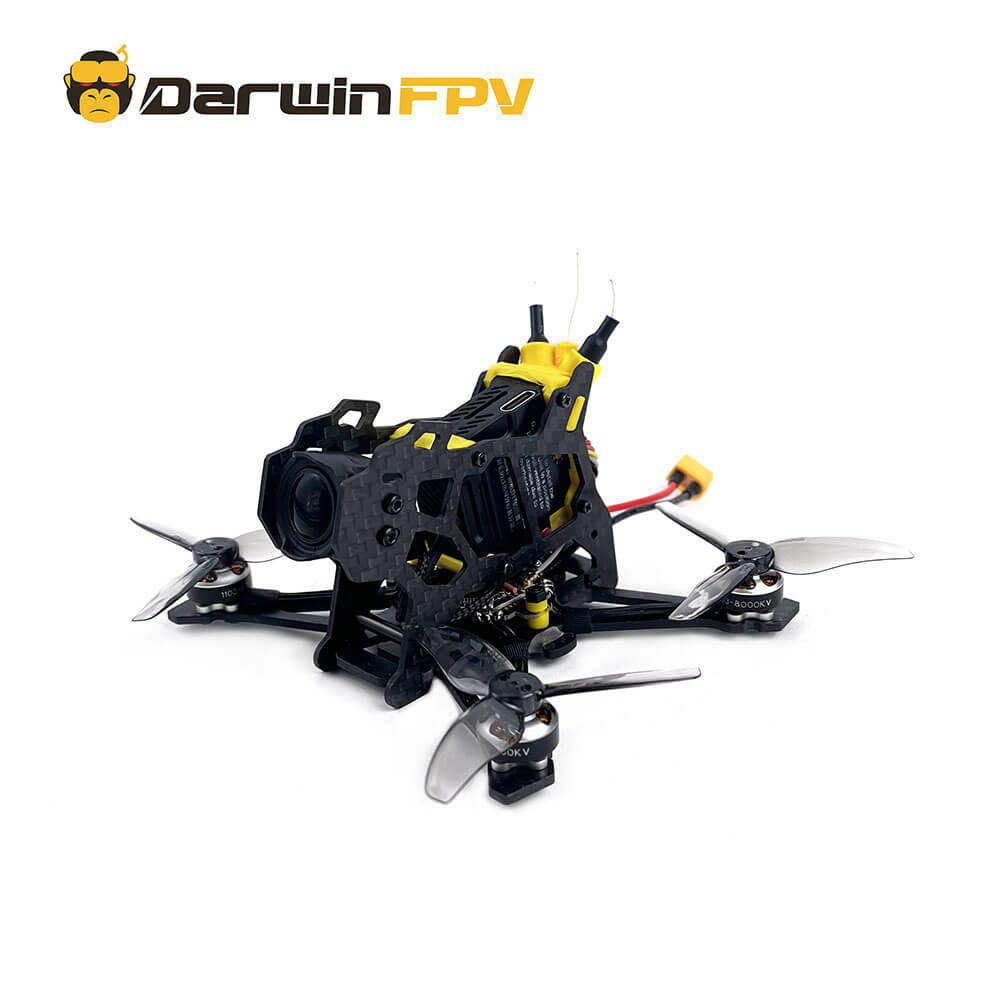 Front view of DarwinFPV TinyApe O3 drone featuring compact design with a built-in camera and four propellers