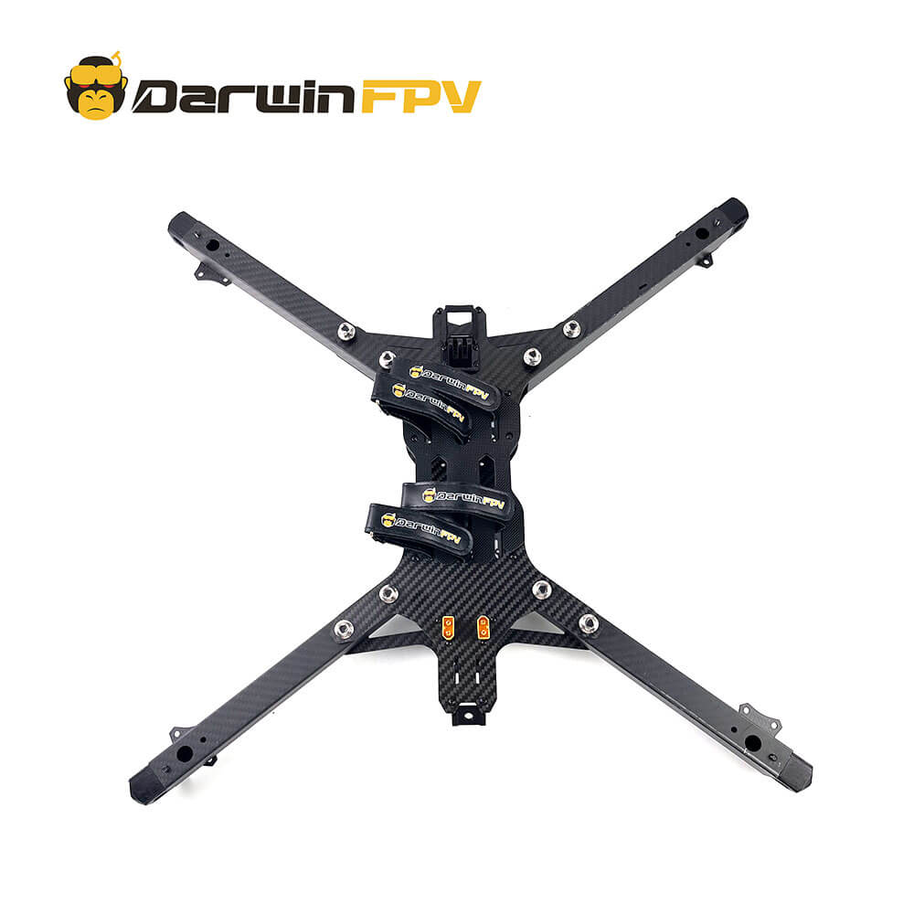 High-performance Darwin FPV 13-inch quadcopter frame with carbon fiber X-shaped structure, featuring a central brand logo, designed for durability, high-speed flight, and aerial maneuverability