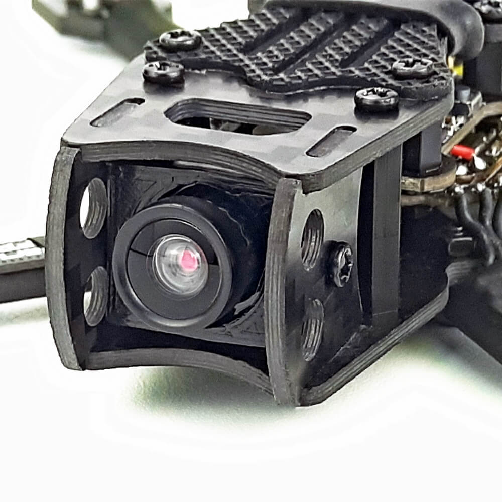High-precision FPV camera on DarwinFPV drone frame, showing the sturdy mounting structure and camera details, suitable for FPV flight experience