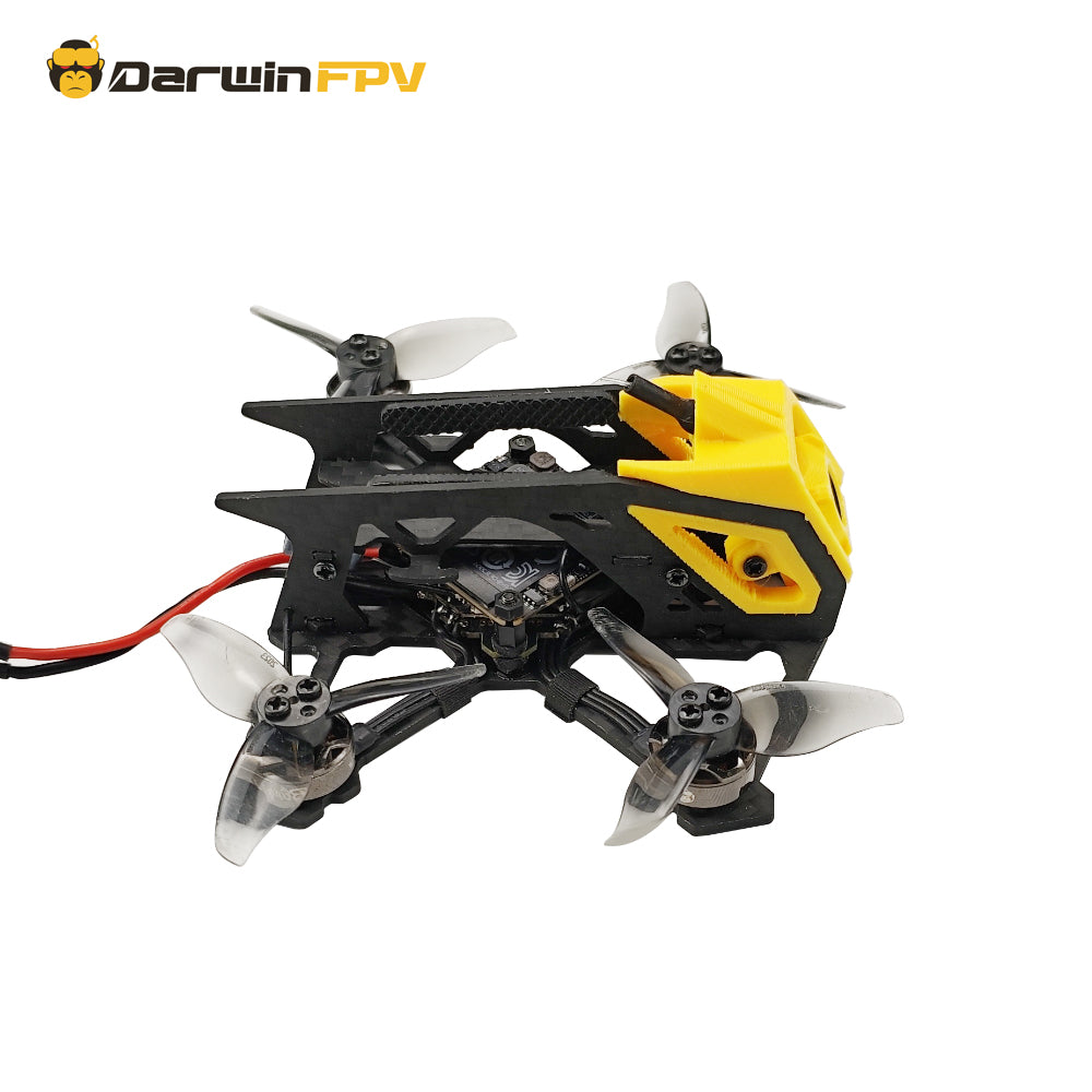 Side perspective of DarwinFPV mini FPV quadcopter, highlighting durable carbon fiber frame and integrated electronic components for stable FPV racing.