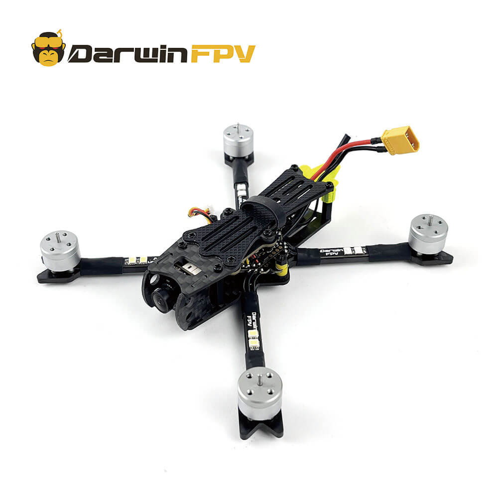 DarwinFPV quadcopter frame equipped with four motors, featuring a lightweight carbon fiber design, perfect for FPV racing drone assembly