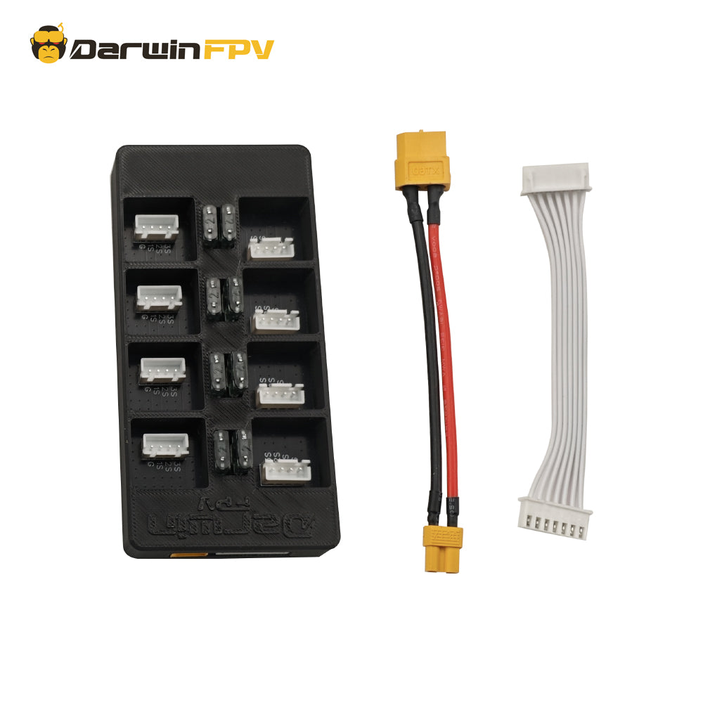 DarwinFPV One Link 3S 3S LiPo battery parallel charging board package, including the charger, XT60 power cable, and balance connector cable for FPV drone 3S batteries.